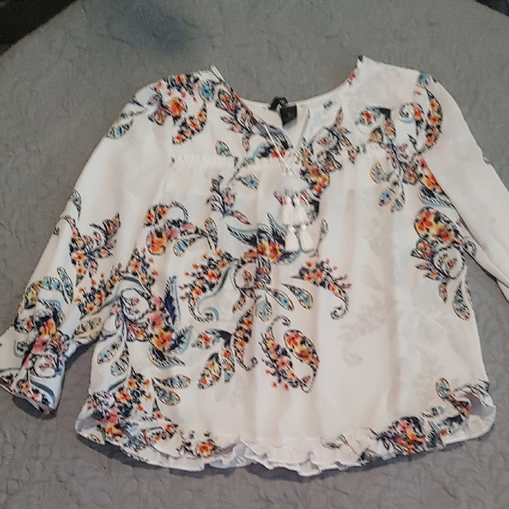 New Directions Chic Paisley Women's Blouse - White Multicolor Sz Sm